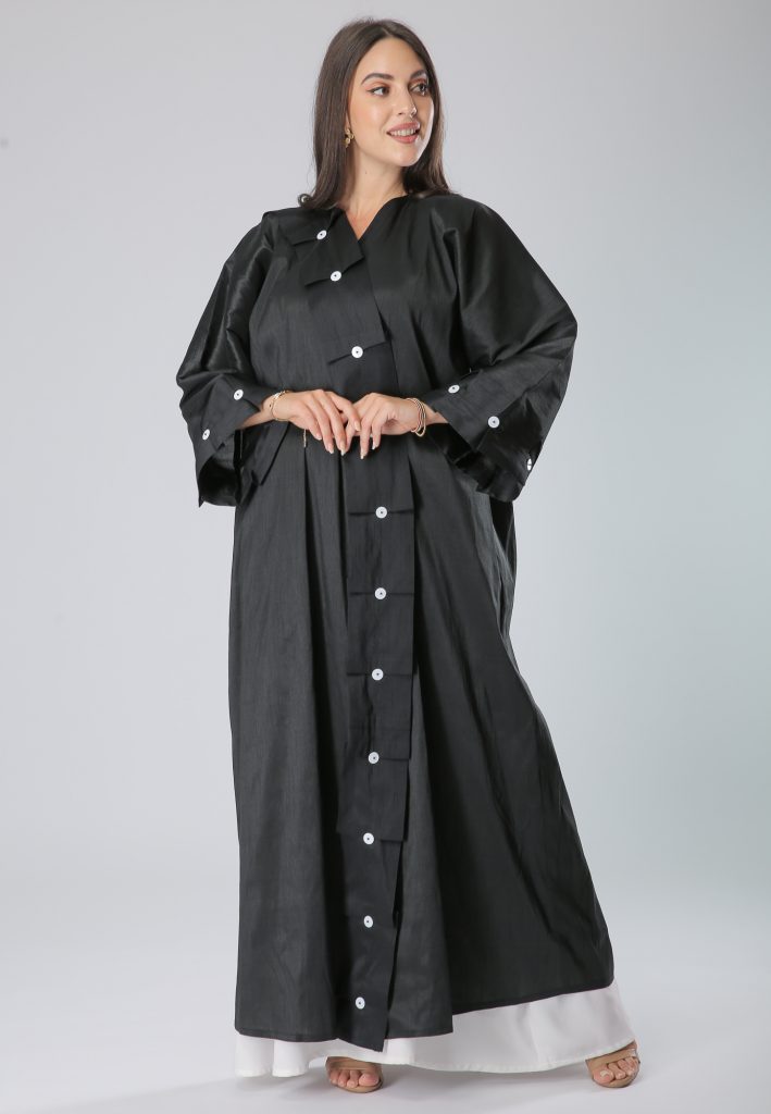 MOiSTREET Hindi Harir Black Pleats Buttons Lace Abaya