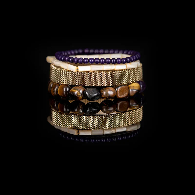 The Dark Amethyst Tiger Eye & Gold Mesh Bracelet Stack