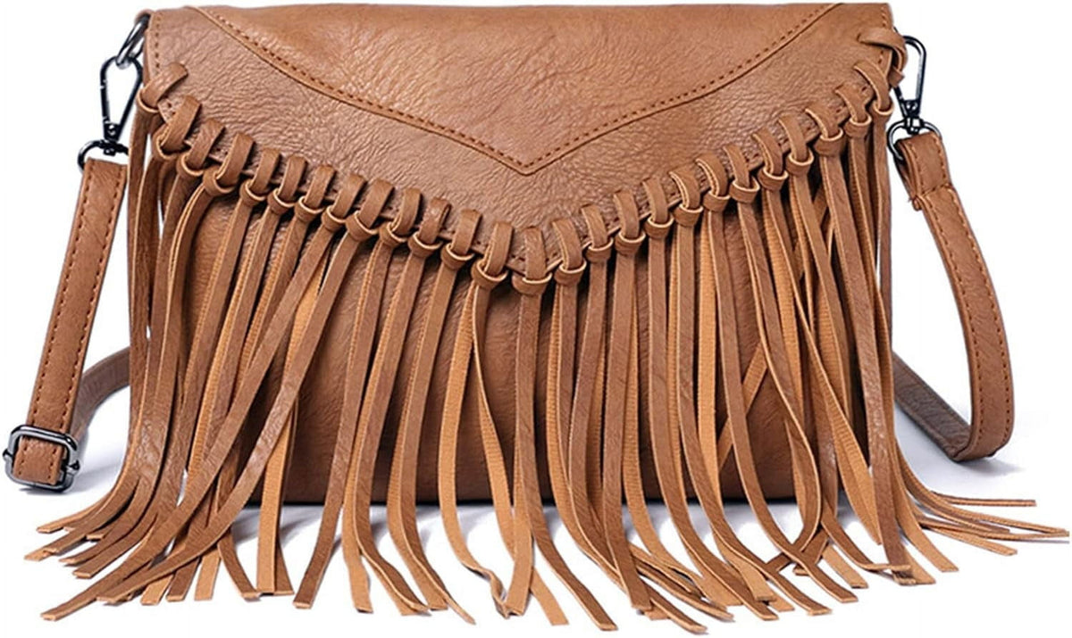 Women Vintage Fringe Crossbody Bag PU Leather Hobo Bag Shoulder Bag