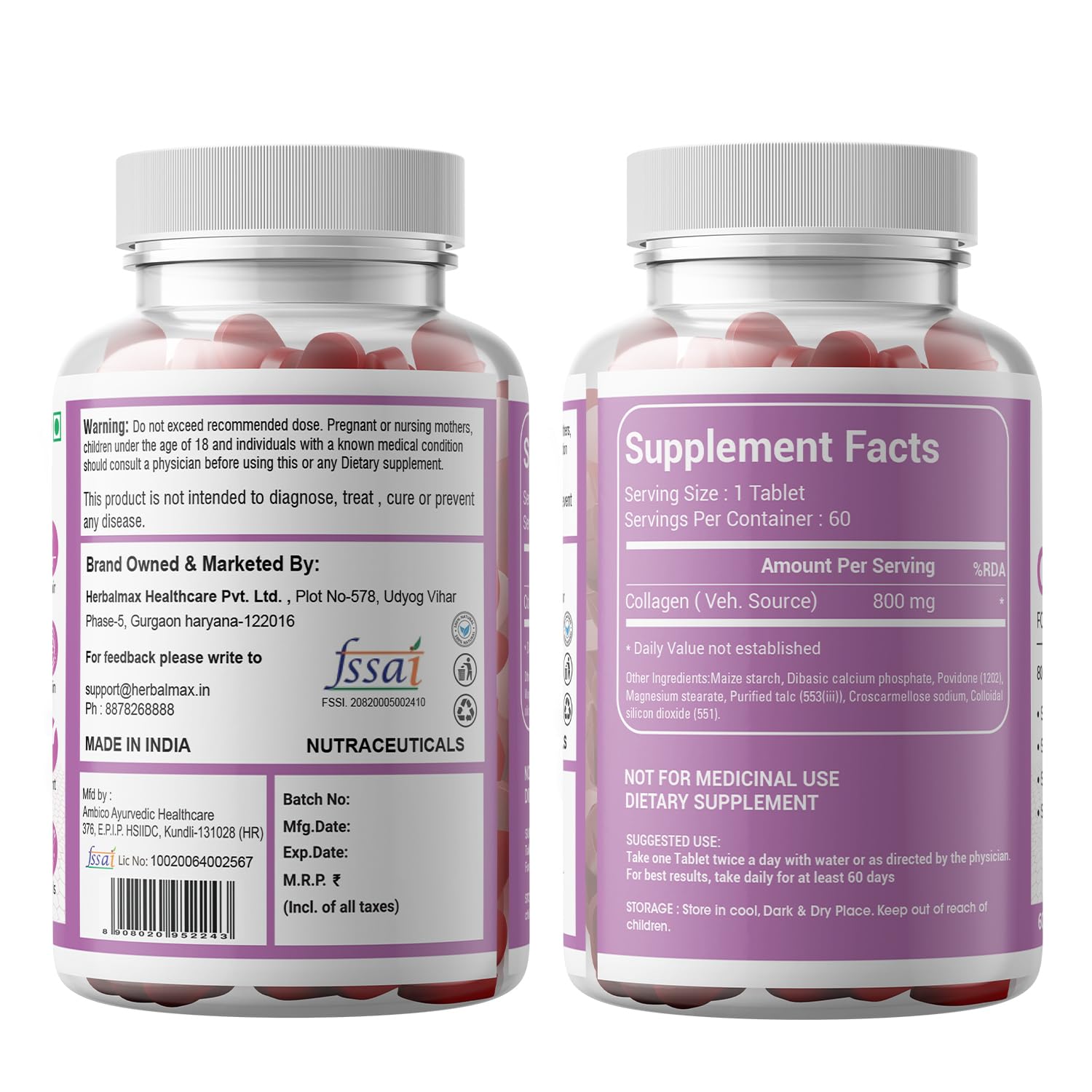 Herbal max Collagen to Boost Skin Repair & Regeneration for Youthful & Radiant Skin - 300 Tablets 800Mg, Pack of 5