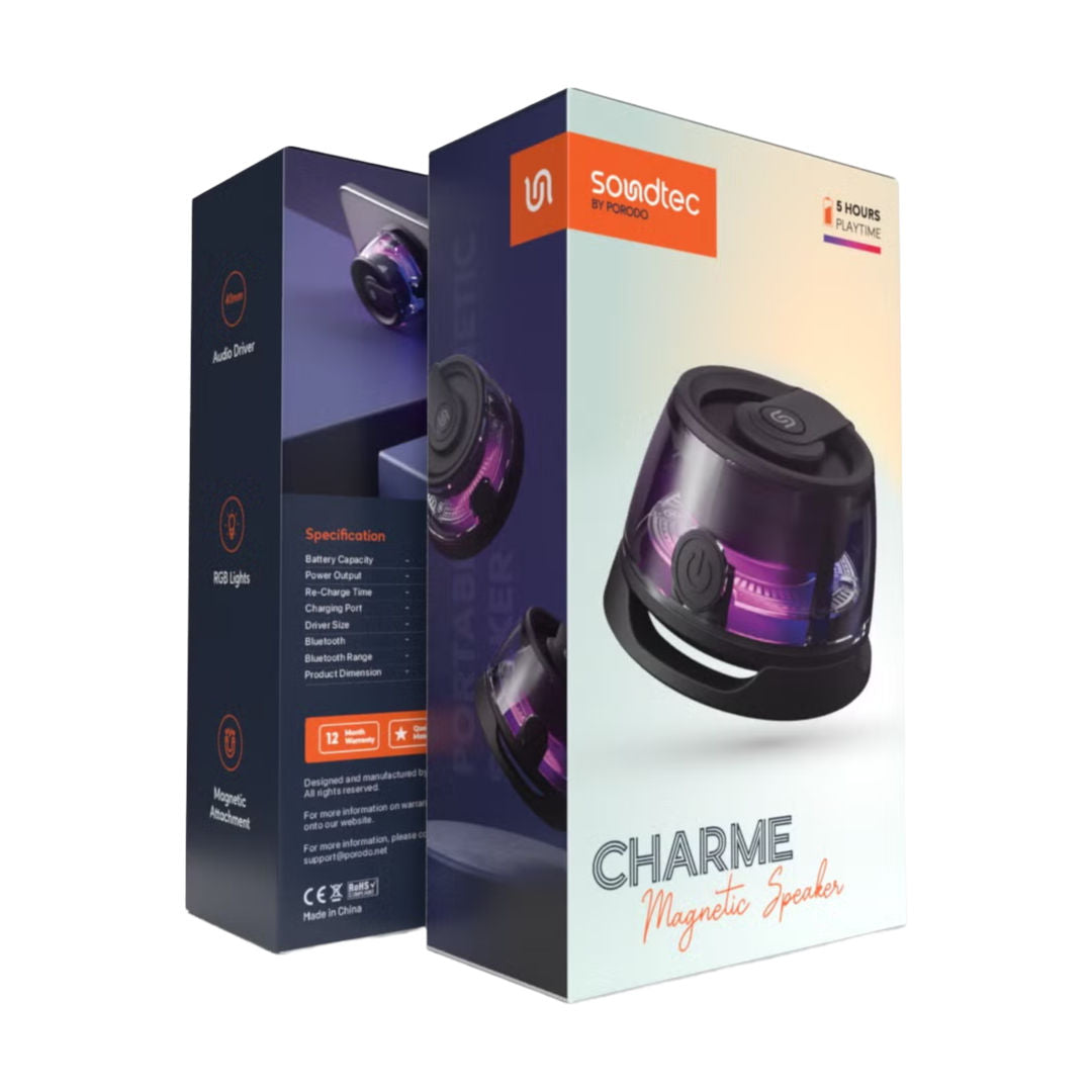 Porodo Soundtec Charme Magnetic Bluetooth Speaker, 3W, RGB Lights, Bluetooth 5.1, Black