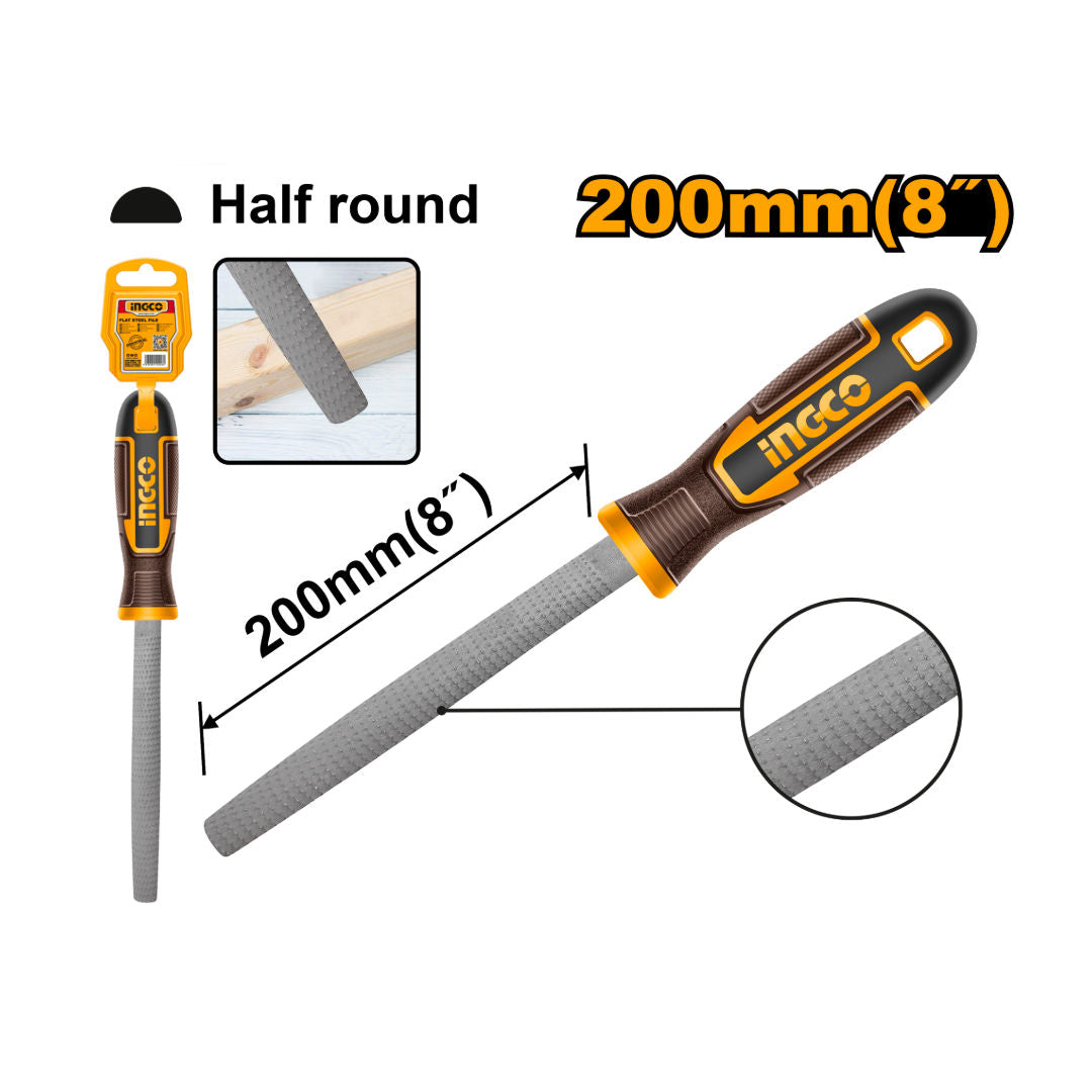 INGCO Half Round Wood File 200 mm, T12 Steel Construction