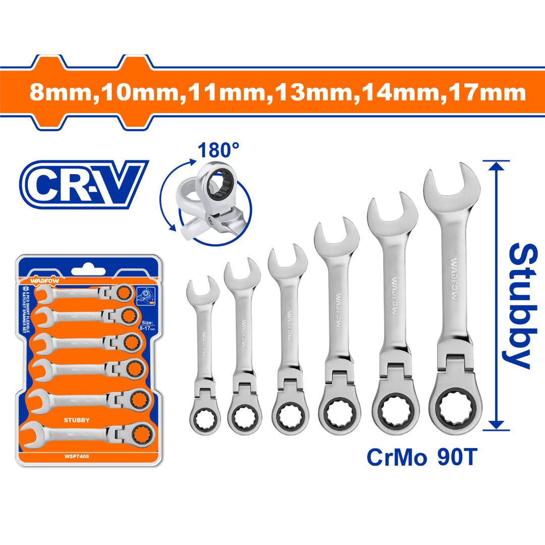 WADFOW 6-Piece Short Flexible Ratchet Spanner Set, 8 to 17 mm, 90-Tooth Cr-Mo Ratchet, Cr-V Steel, Double Blister