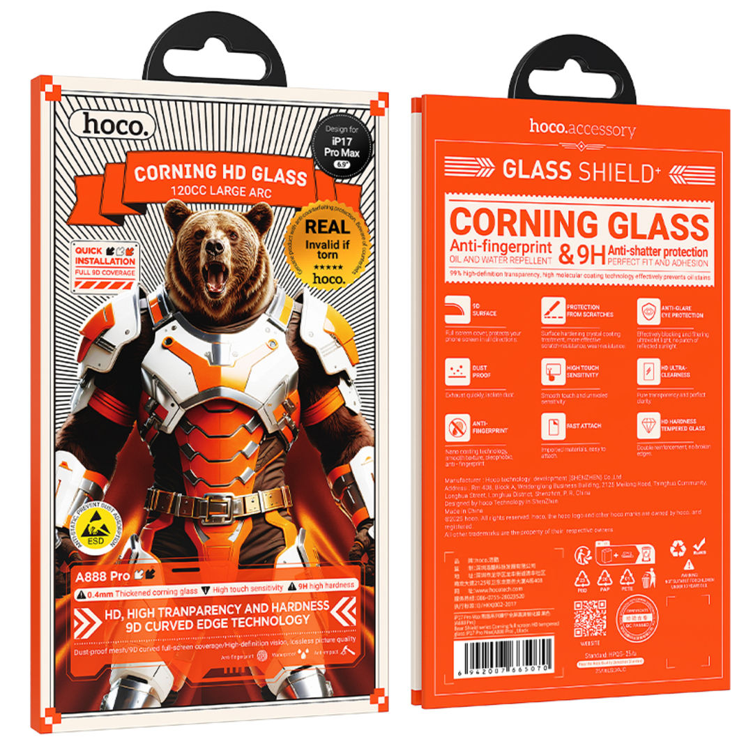 Hoco A888 Pro Bear Shield Series Corning Full Screen HD Tempered Glass for iPhone 18 Pro Max, iPhone 17 Pro Max, Corning Glass, Full Screen Coverage