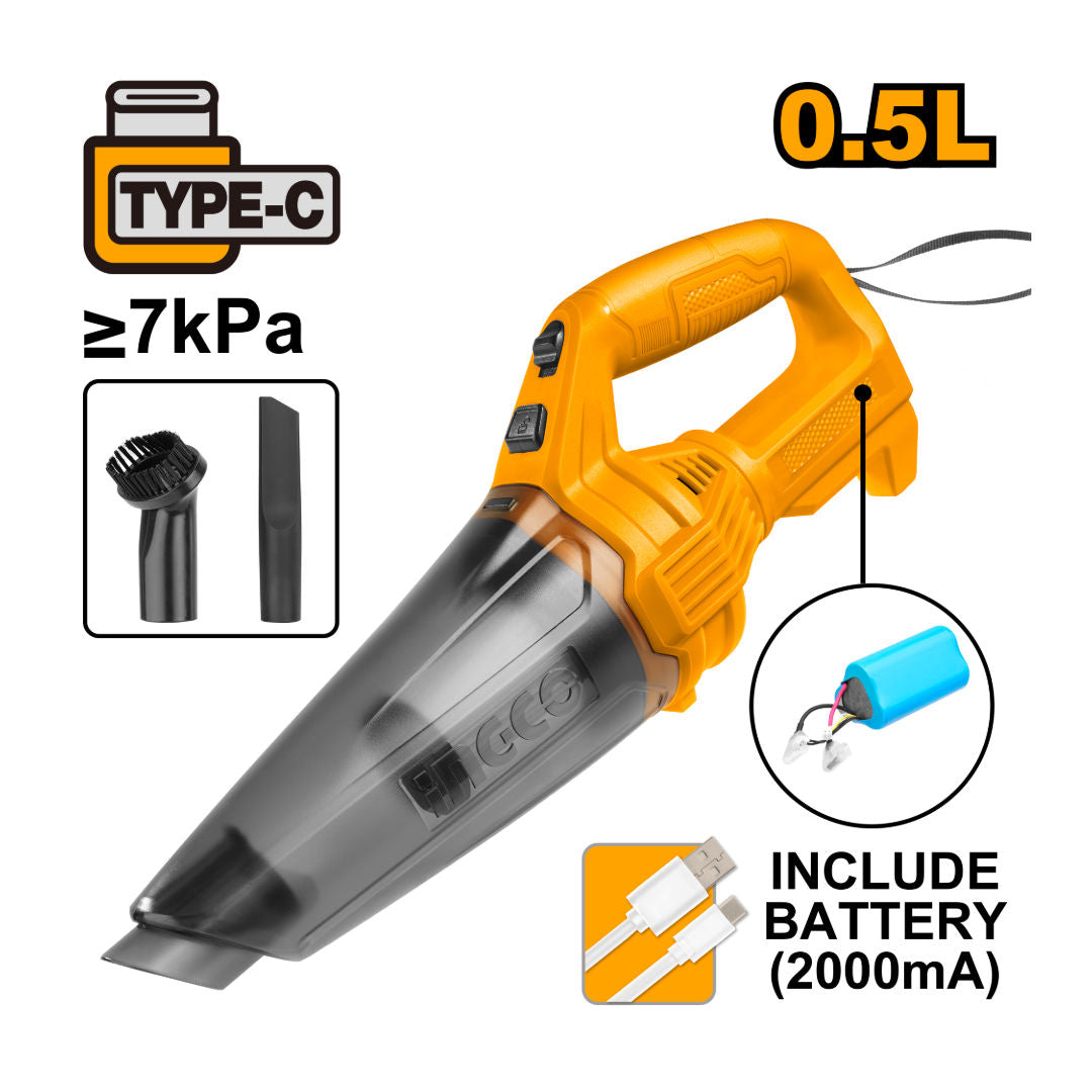 INGCO Cordless Vacuum Cleaner, 0.5l Dust Capacity, 9kpa