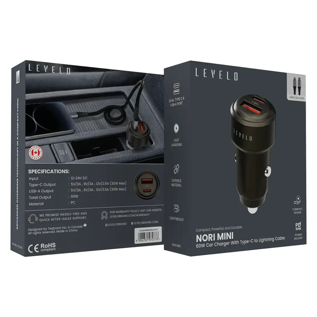 Levelo Nori Mini 60W Car Charger, Type C to Lightning Cable, Gun Grey