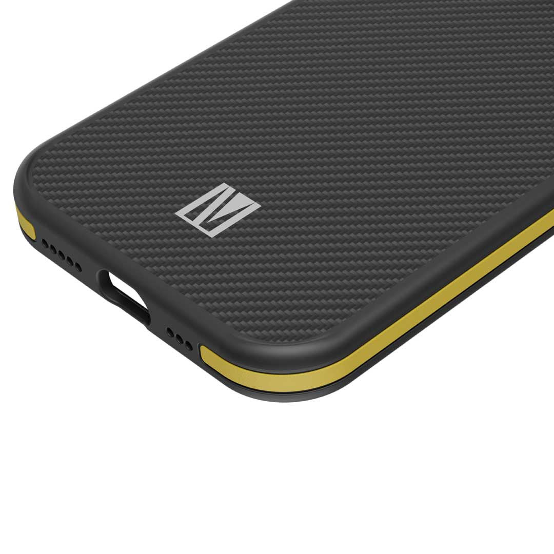 Levelo Ox Carbon Shock-Proof Edges, Raised Bezel Case For iPhone 15 Pro, Yellow