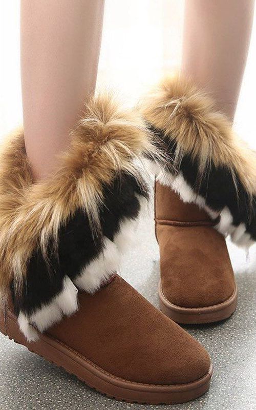 Winter Snow Boots Women Ankle Slip On Boots Faux Fox Rabbit Fur Suede Flat Shoes