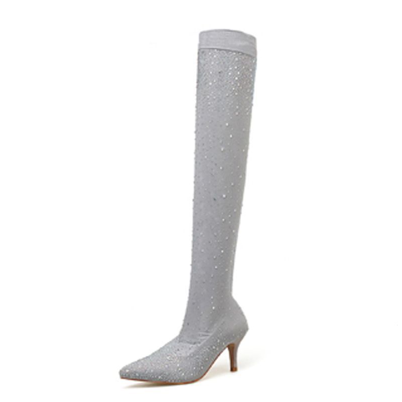 Crystal Fabric Over-the-Knee Pointed Toe 7cm Heel Boots for Women