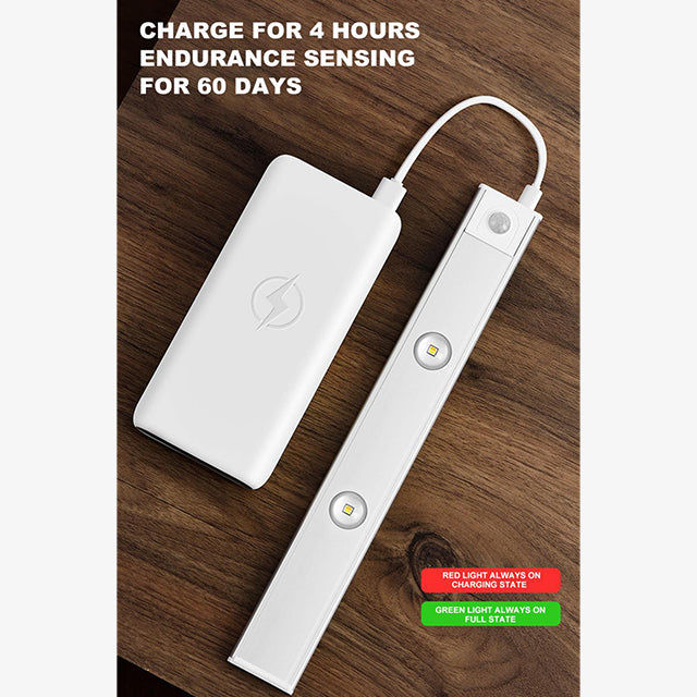 60/80/100CM Ultra Thin Nightlight Lamp - PIR Motion Sensor LED Cabinet Lighting, USB Rechargeable for Kitchen & Cabinets