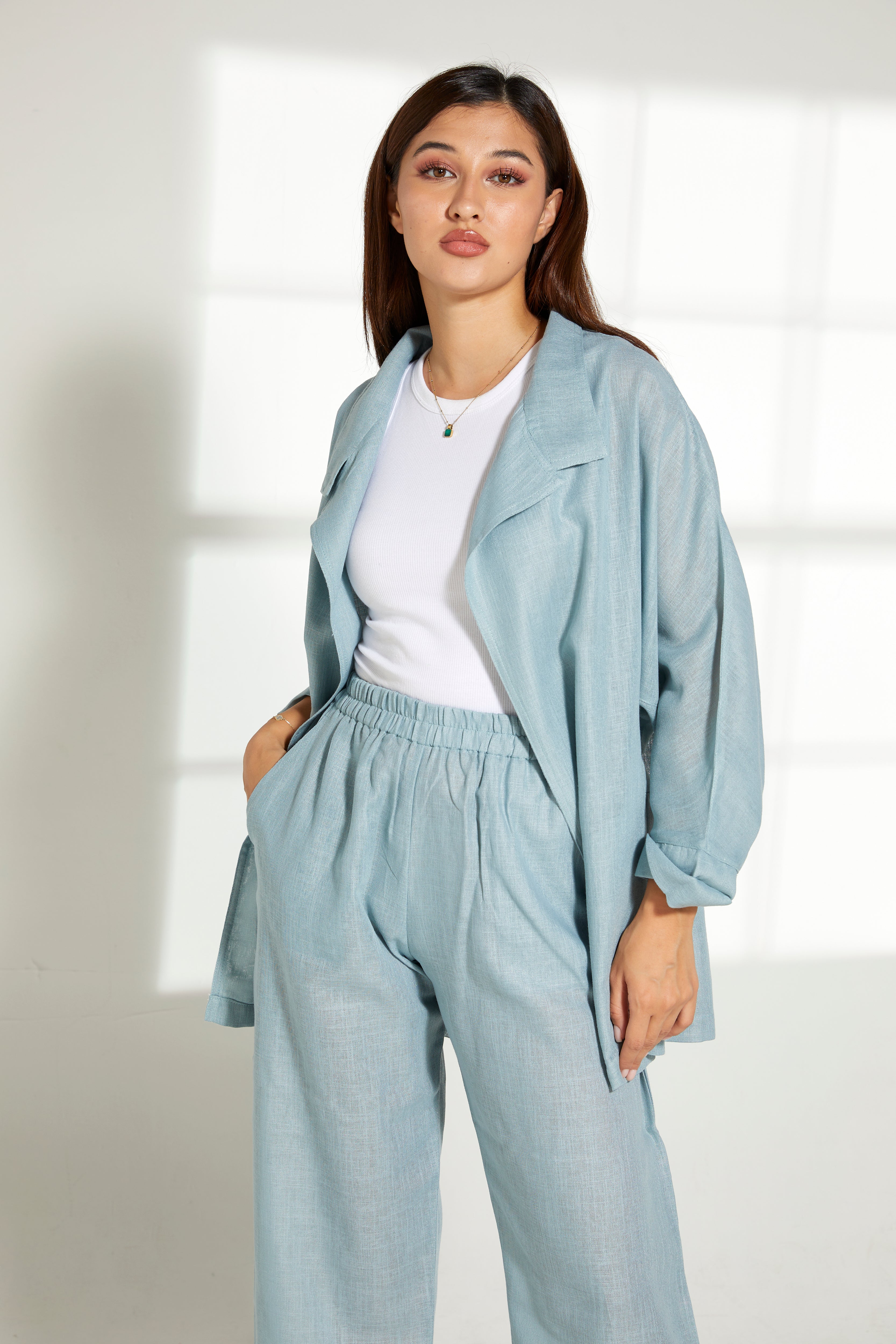 MOiSTREET Turquoise Linen Fabric Top and Pants Set