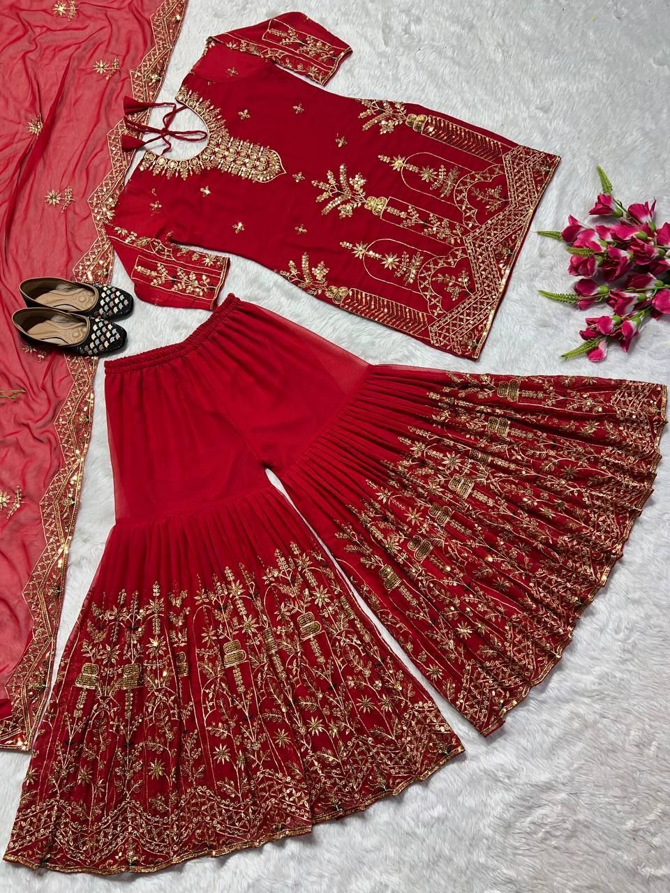 Fab Zone Embroidered Top with Sharara Plazzo Suit