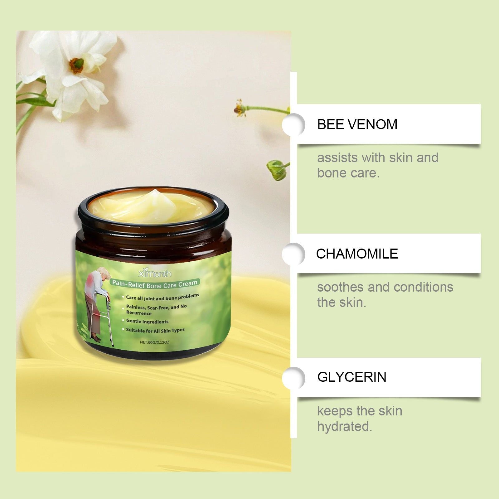 Bee Venom Body Care Cream, Nourishing Skin, Natural Healing, Gentle Massage ,60g