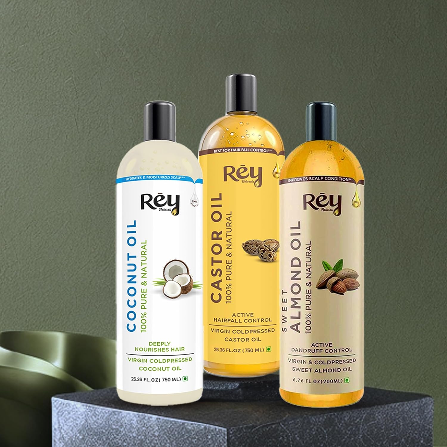 Rey Naturals Cold Pressed Castor Oil + Coconut Oil + Sweet Almond Oil (200ML + 200ML + 200ML)
