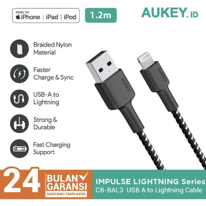 Aukey CB-BAL3 USB A-Lightning Nylon Braided MFI Cable - 1.2m- Black