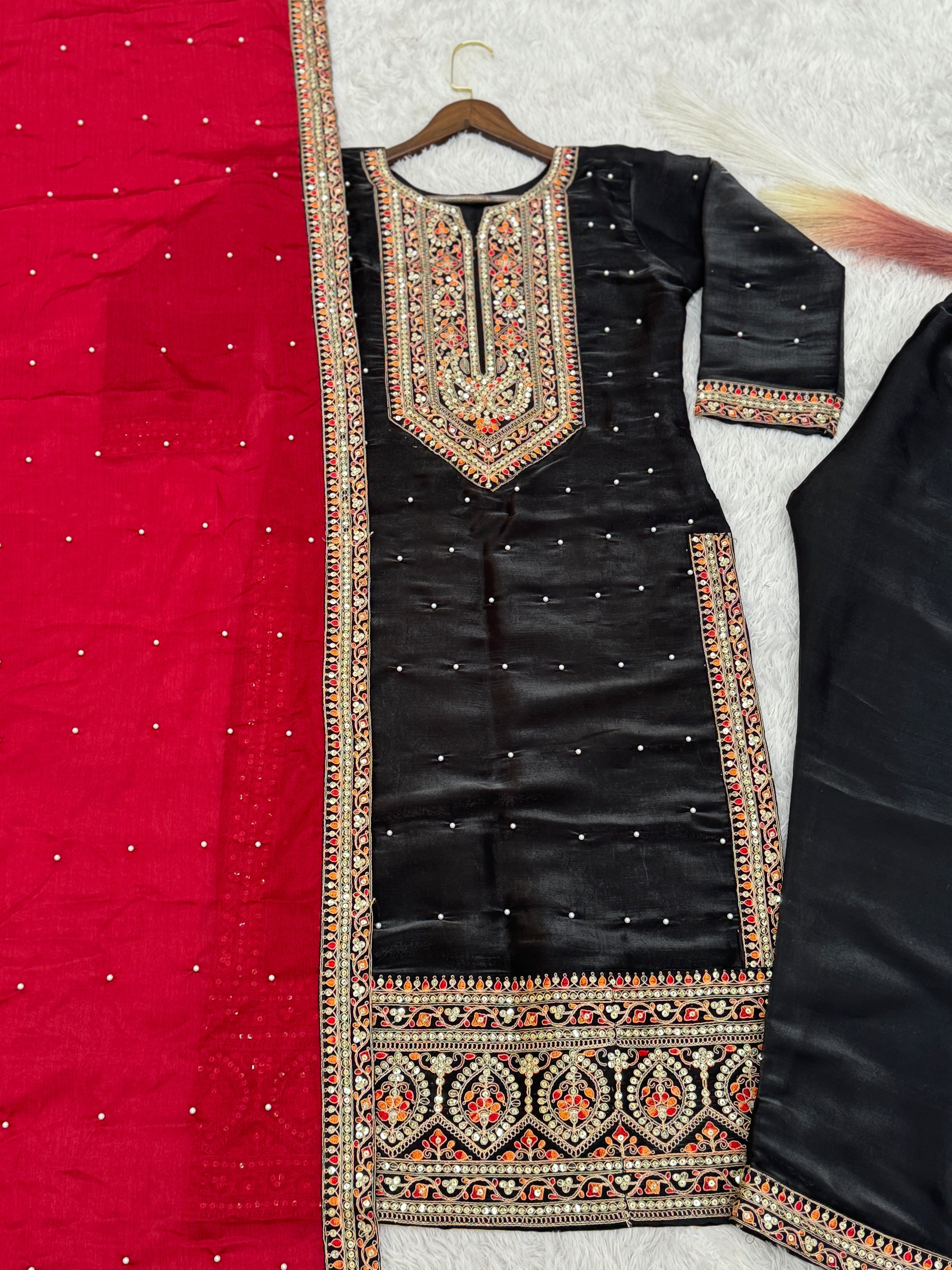 Fancy Top-Bottom And Dupatta With Embroidery Coding Dori-Sequence Work