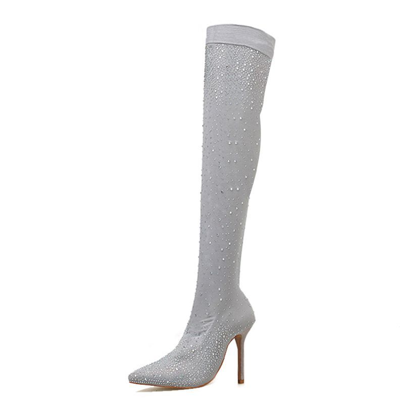 Crystal Fabric Over-the-Knee Pointed Toe 11cm Heel Boots for Women