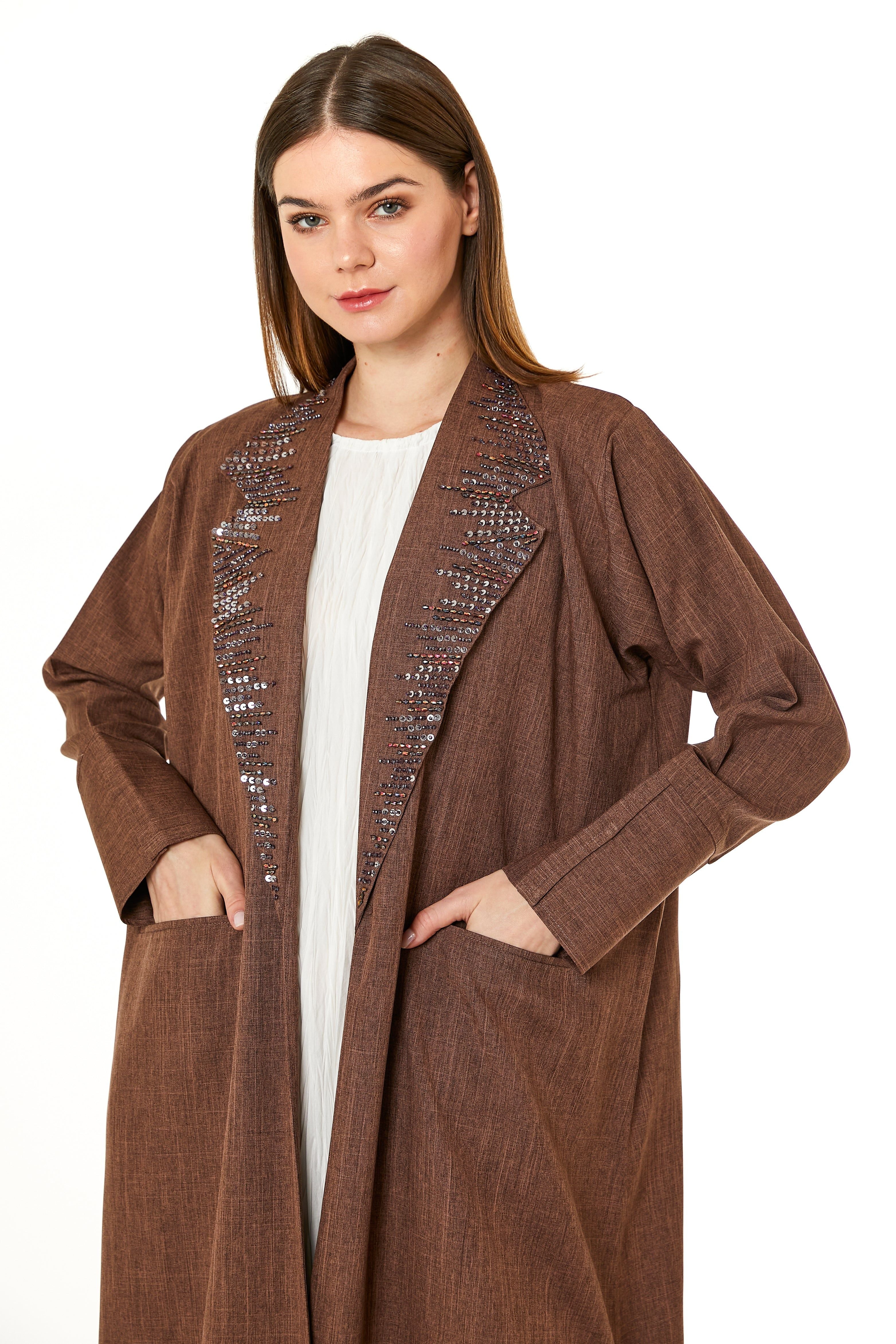 MOiSTREET Brown Melange Hand Embellished Abaya