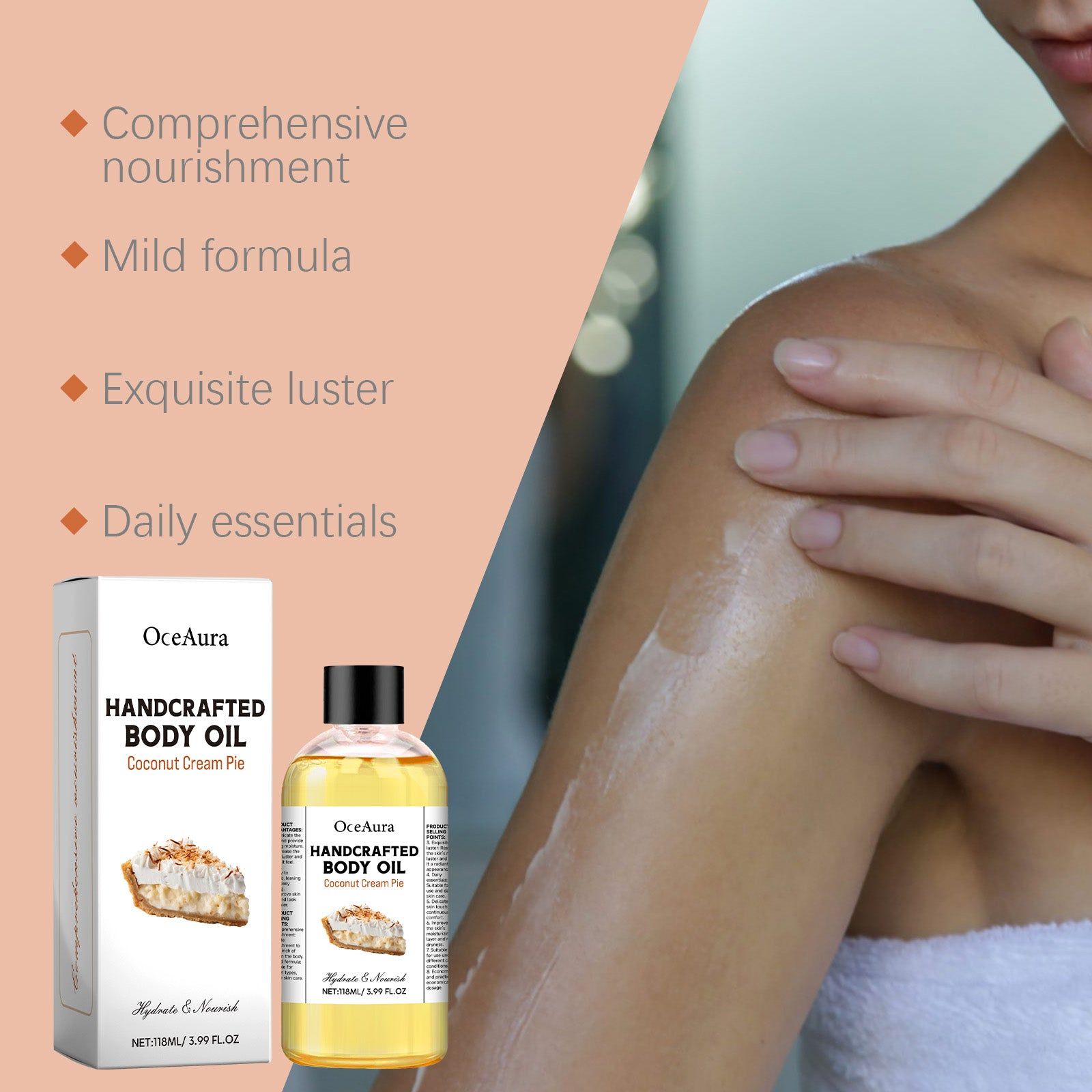 Coconut Cream Pie Body Oil, Deep Nourishing, Soft, Hydrating Skin Care, Massage Oil, All Skin Types ,118ml