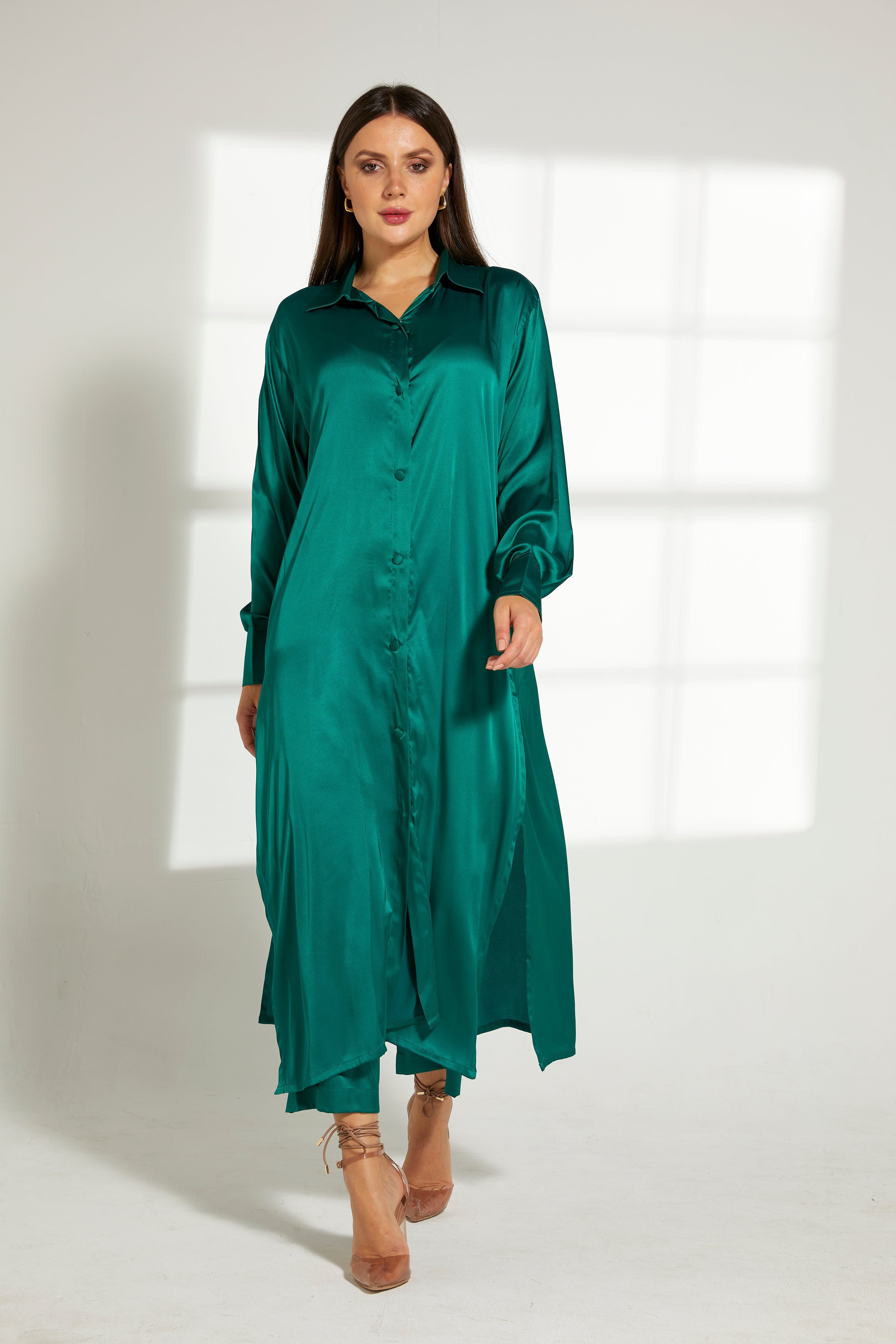 MOiSTREET Green Silk Fabric Top and Pants Set