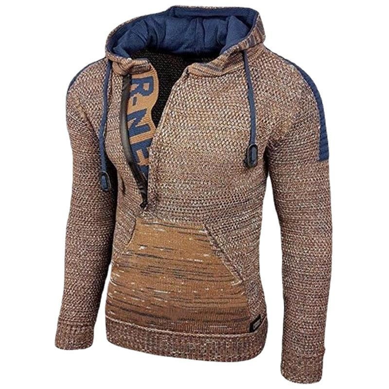 Men Zipper Hooded Sweater Winter Casual Knitted Sweatshirt Long Sleeve Letter Pullover