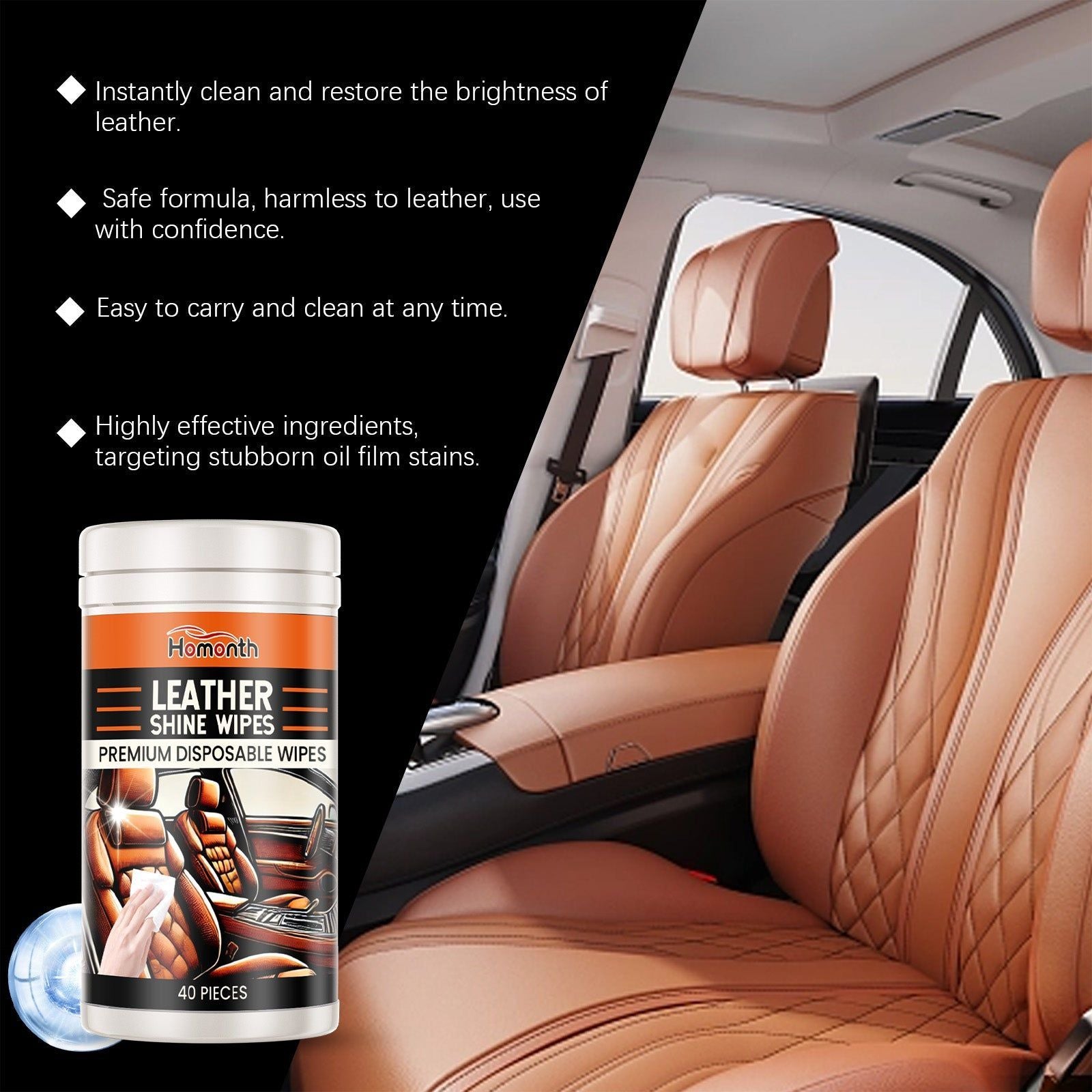 Car Leather Cleaning Wipes, Car Maintenance, Deep Stain Removal, Interior Care ,40pieces