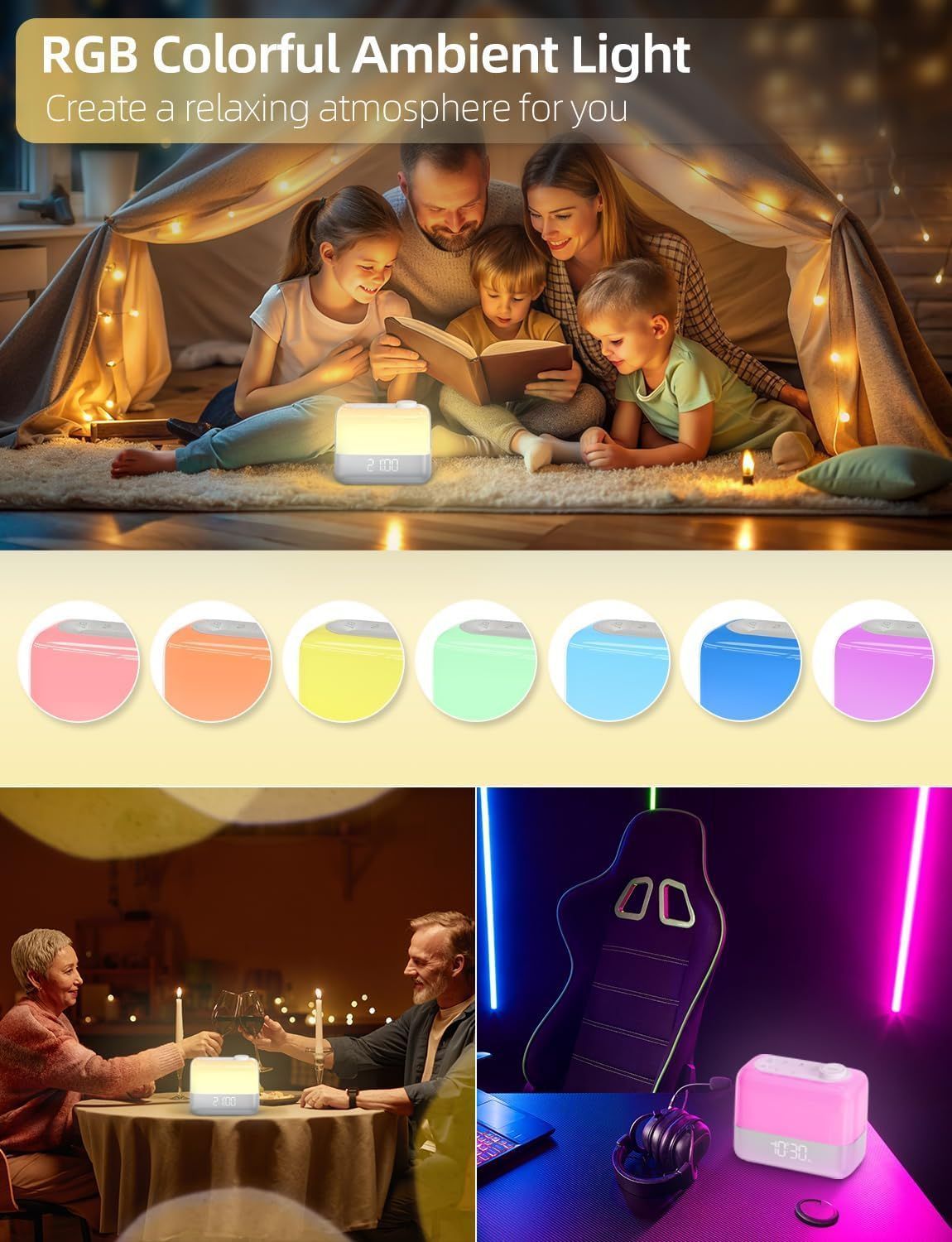 Digital Alarm Clock for Bedroom Wake up Light RGB Ambient Night Light