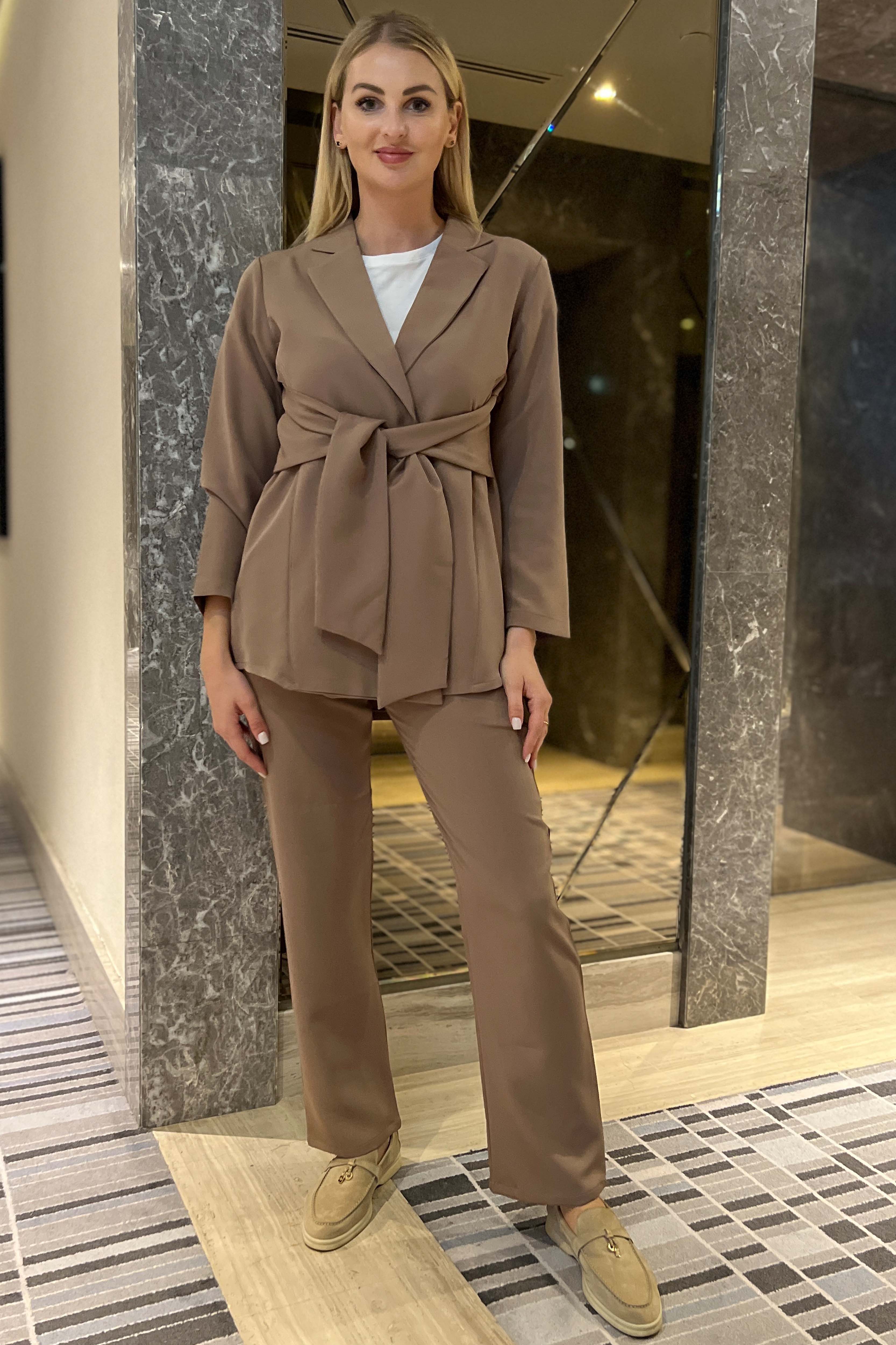 MOiSTREET Brown  Barbie Crepe Fabric Blazer and Pants Set
