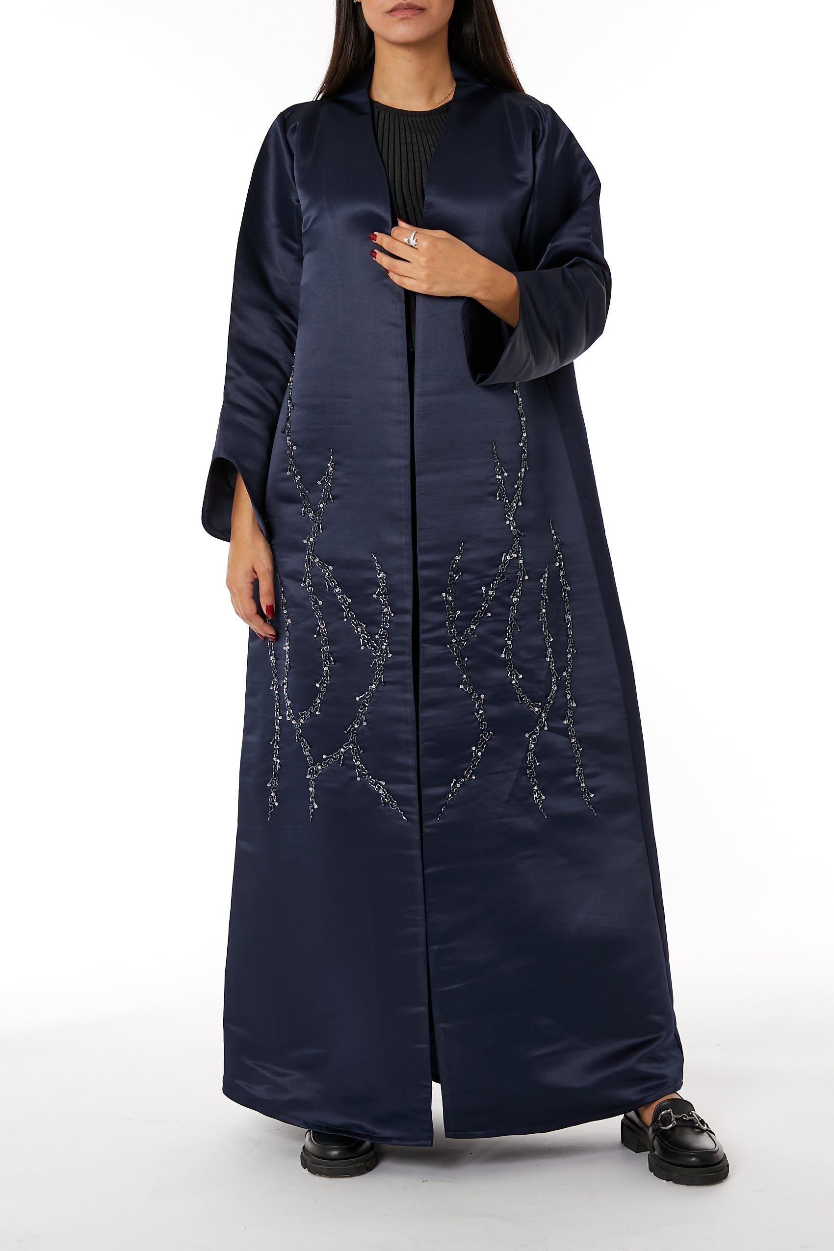 MOiSTREET Navy Bridal Satin Embroidered Open Abaya