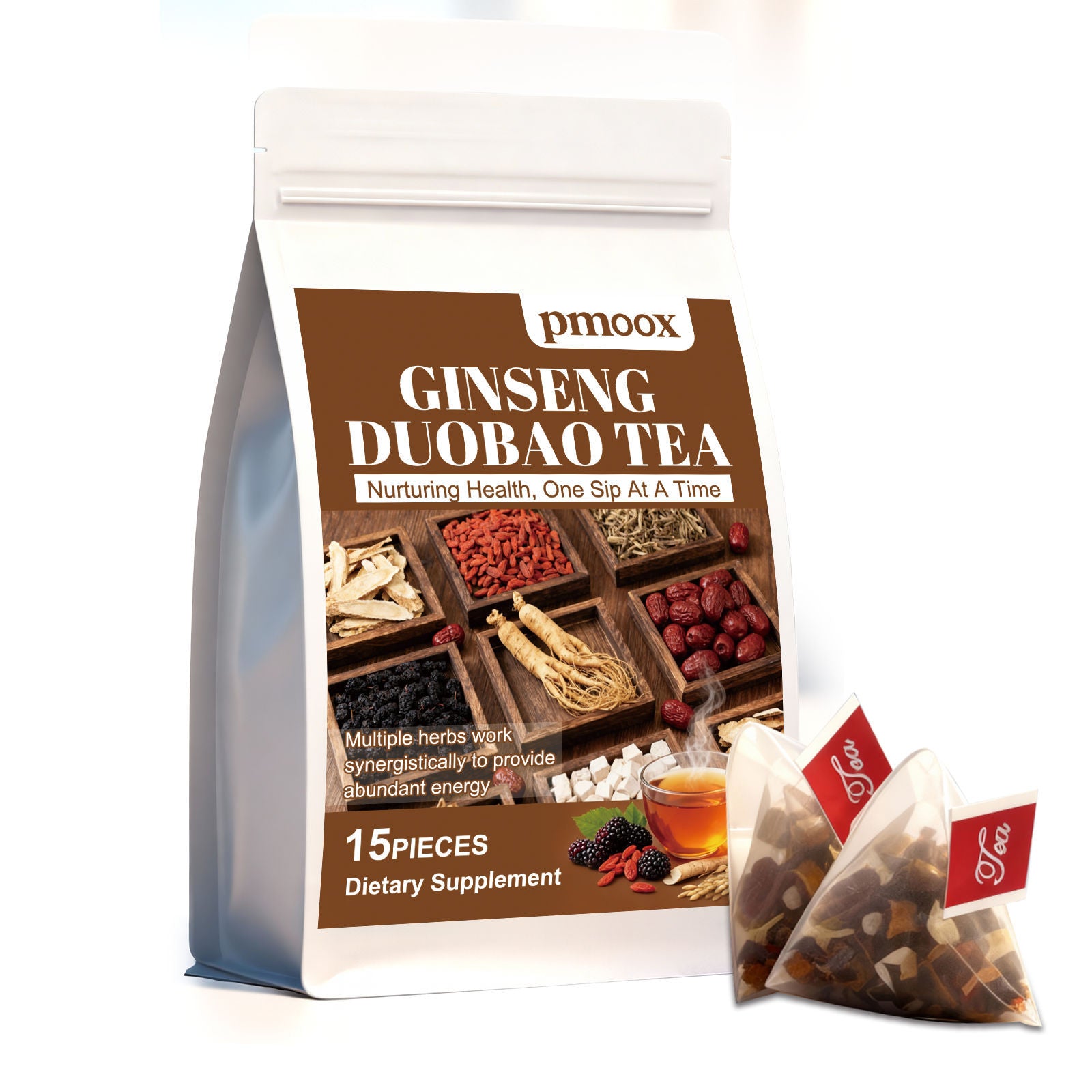 Premium Ginseng Herbal Tea for Body Care, Stress Relief, Antioxidant Boost ,15pieces
