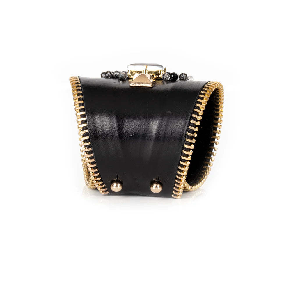 The Dark Black Leather Studded Cuff with Crystals & Gold Zipper Edge