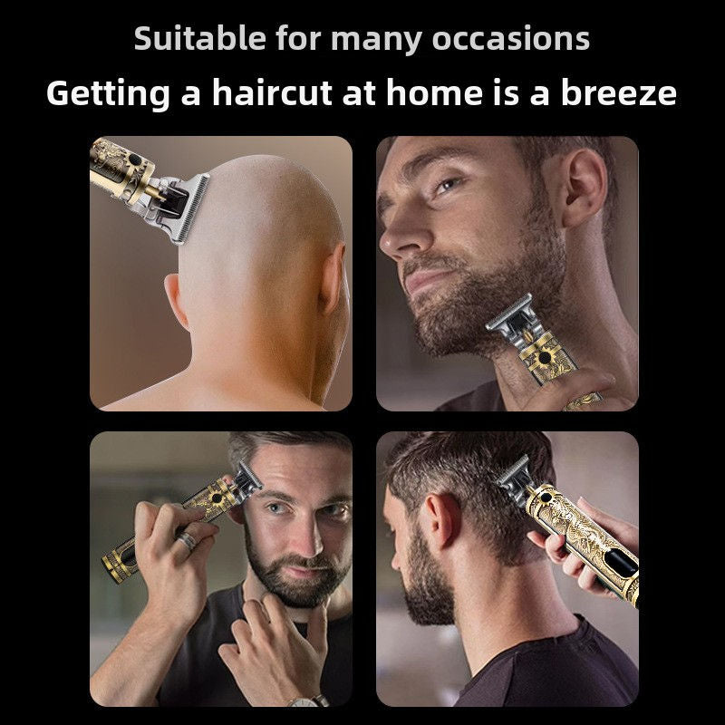 Electric Hair Trimmer with Ceramic Blade and Dragon Engraved Design, Gold
