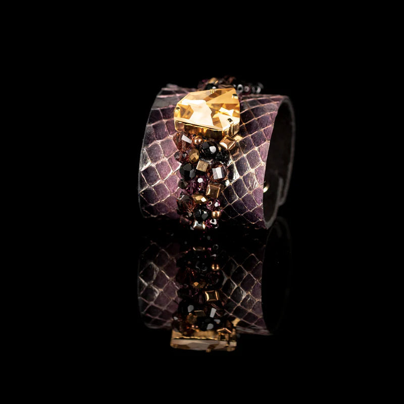 The Dark Python Leather Crystal Statement Cuff Bracelet with Champagne Stone