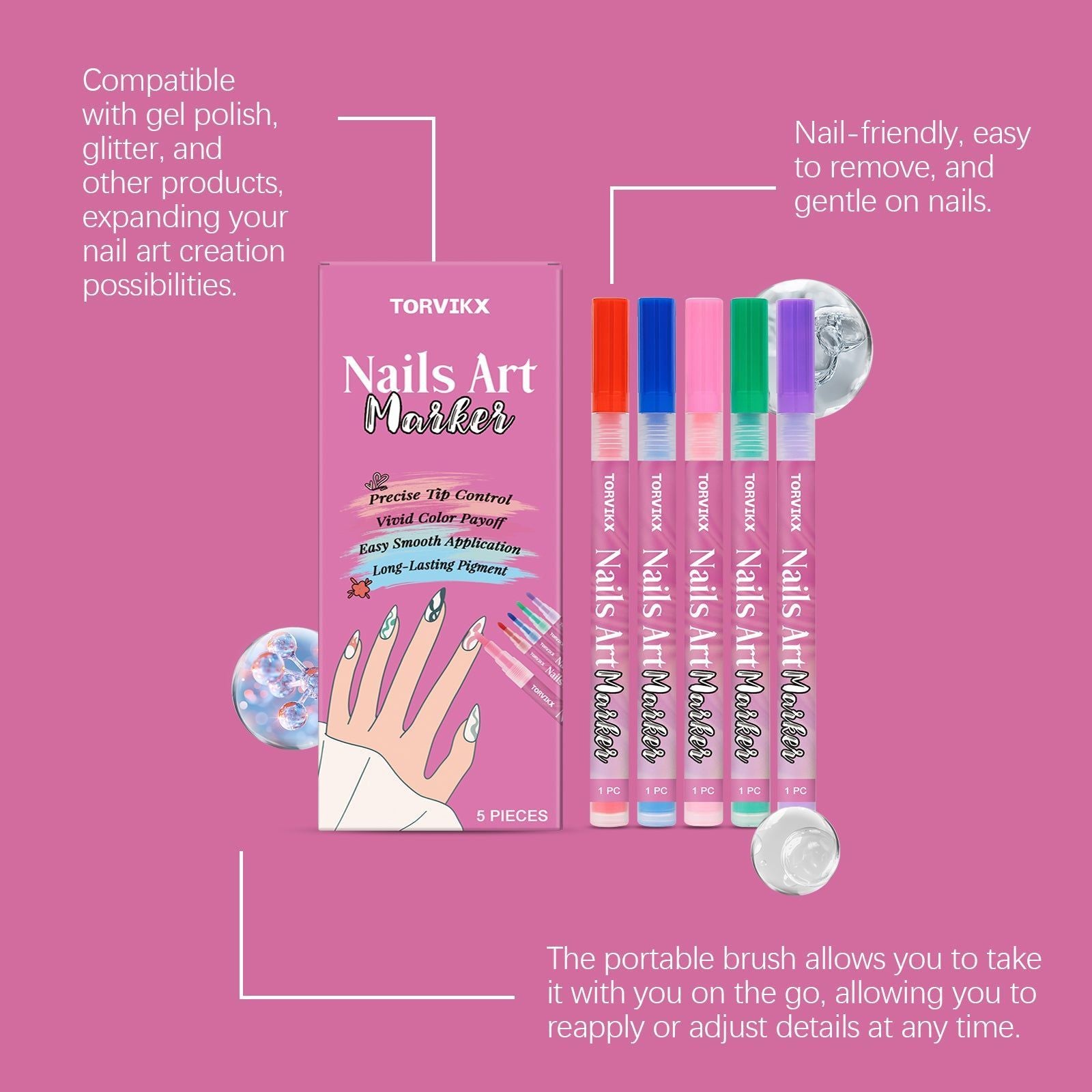 Bright Waterproof Nail Art Graffiti Pen, Easy DIY Manicure, Multi-Color, Professional Quality ,5pieces