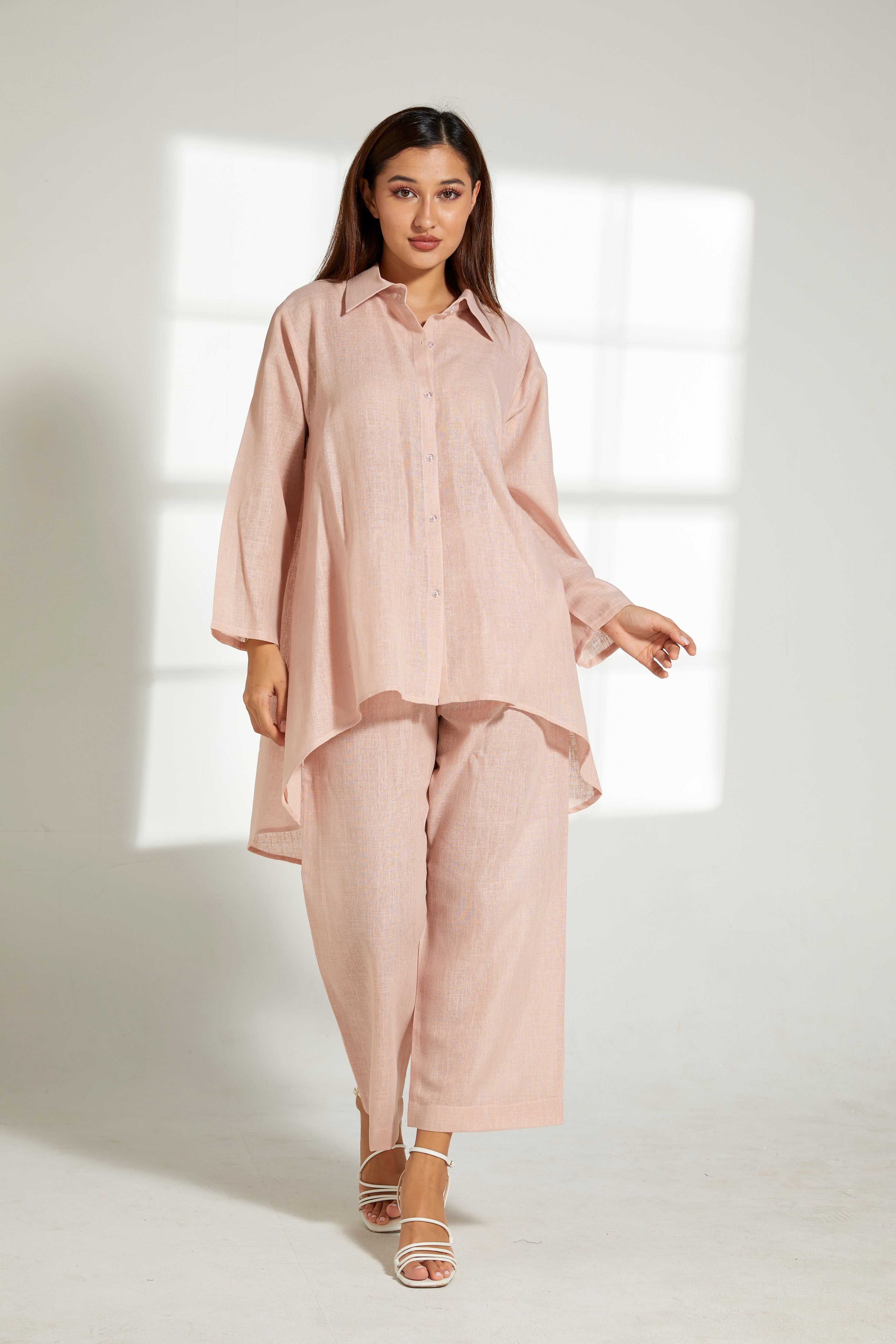 MOiSTREET Peach Linen Fabric Top and Pants Set