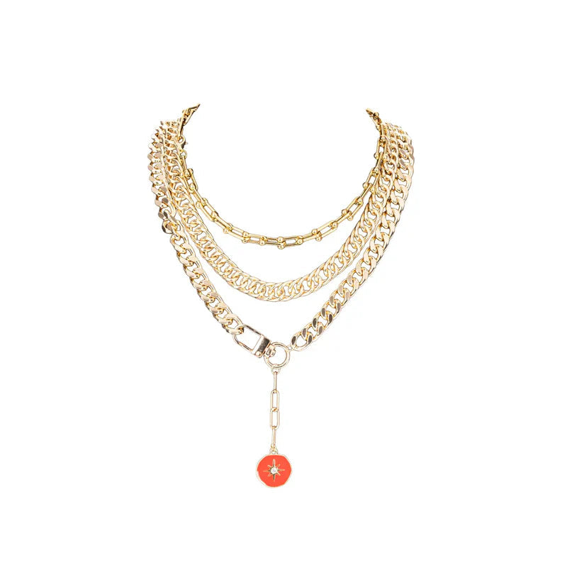 The Dark Layered Gold Chain Necklace with Red Enamel Charm