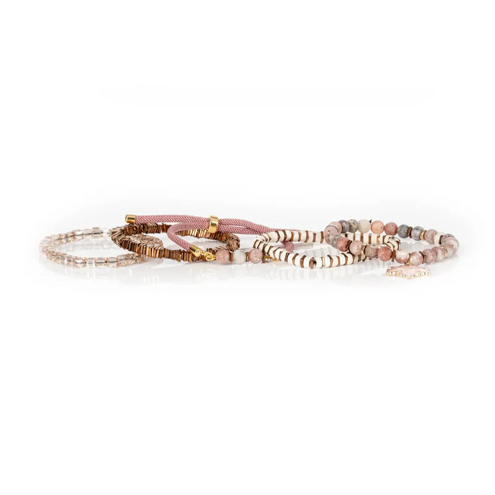 The Dark Blush Maple Charm Bracelet Stack Rose & Nude Beaded Set
