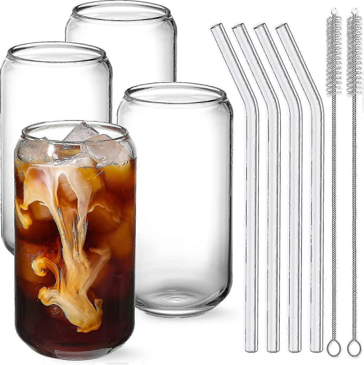 Flkwoh Drinking Glasses With Glass Straw 4pcs Set - 16oz Can Shaped G