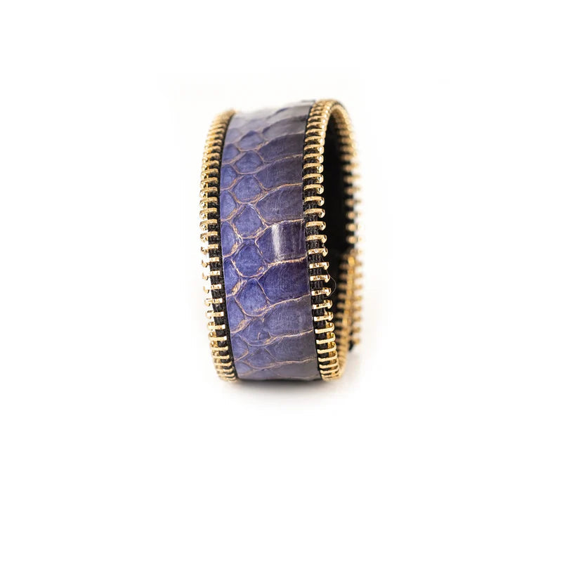 The Dark Purple Python Leather Cuff with Gold Zipper Edges
