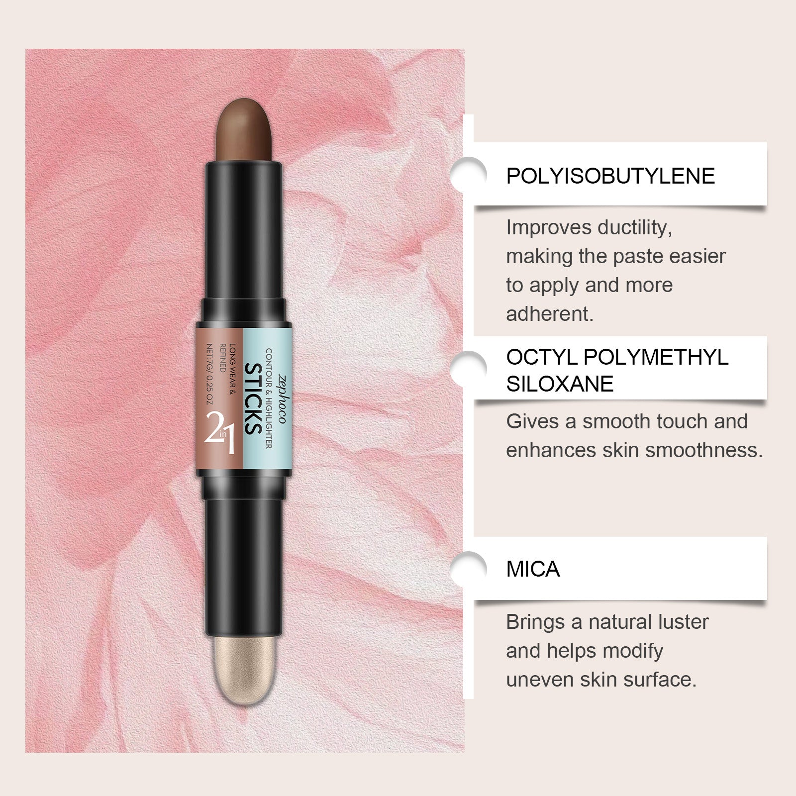 2-in-1 Contour Highlight Stick, Natural Makeup, Portable Beauty Collection ,7g