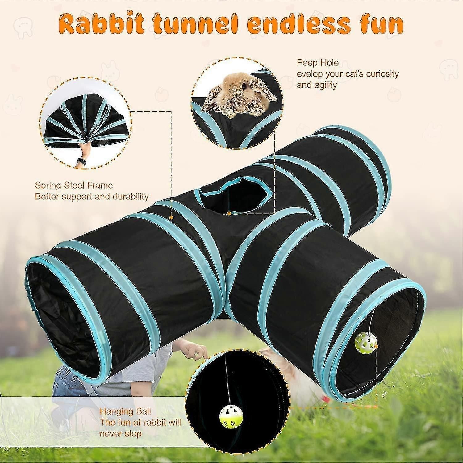 Bunny Tunnels Tubes Collapsible 3 Way Bunny Hideout Small Animal Activity Tunnel Toys For Dwarf Rabbits Bunny Guinea Pigs Kitty Blue -