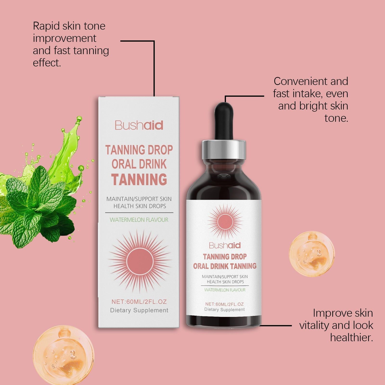 BushAid Moisturizing Tanning Drops for Body Care, Glow, Skin Protection, Easy Use ,60ml