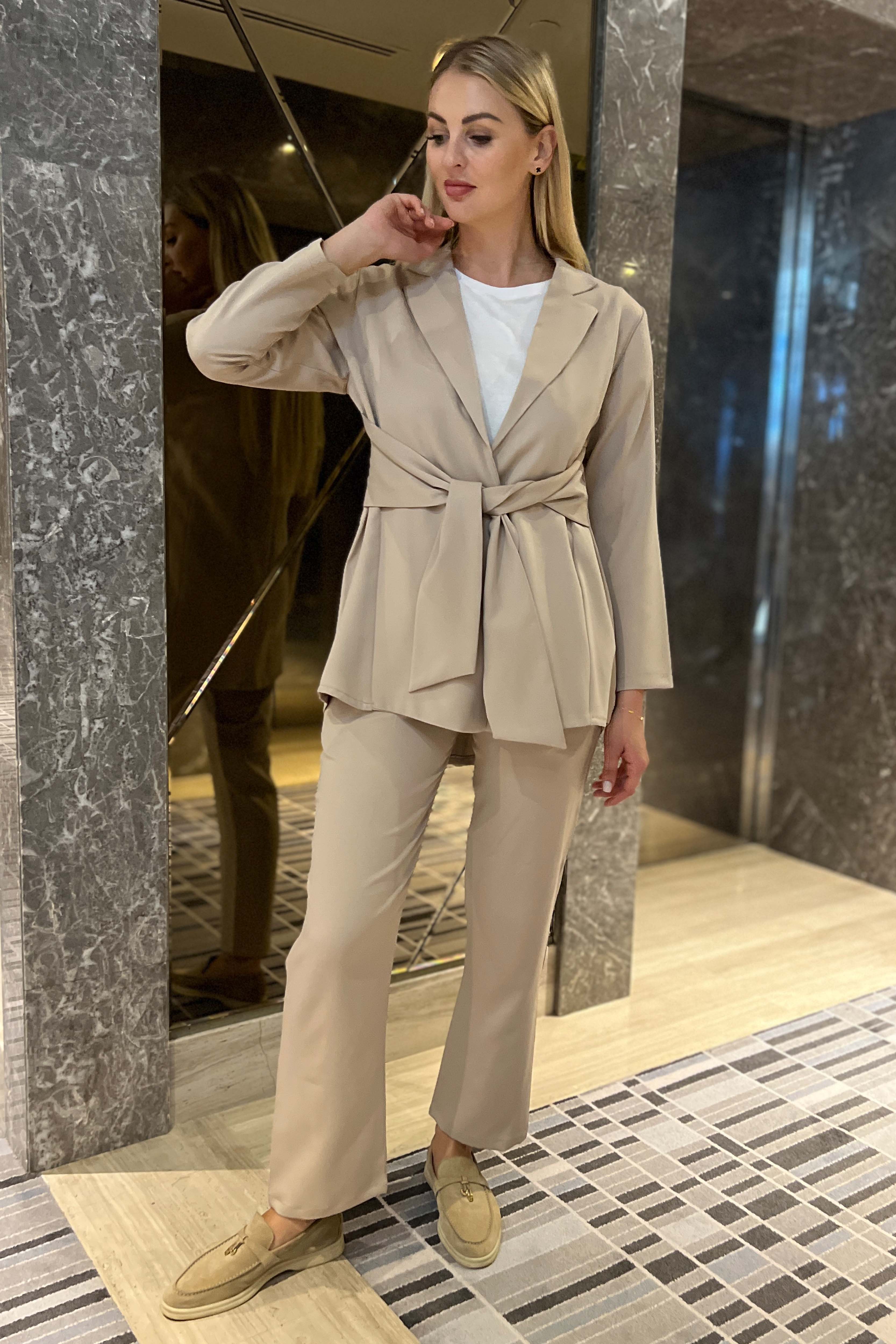 MOiSTREET Beige  Barbie Crepe Fabric Blazer and Pants Set