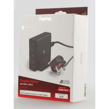 HAMA 73183376 65 Watt Charging Station, UK Cable, 4-Way (2x PD USB-C, 2x USB-A), black