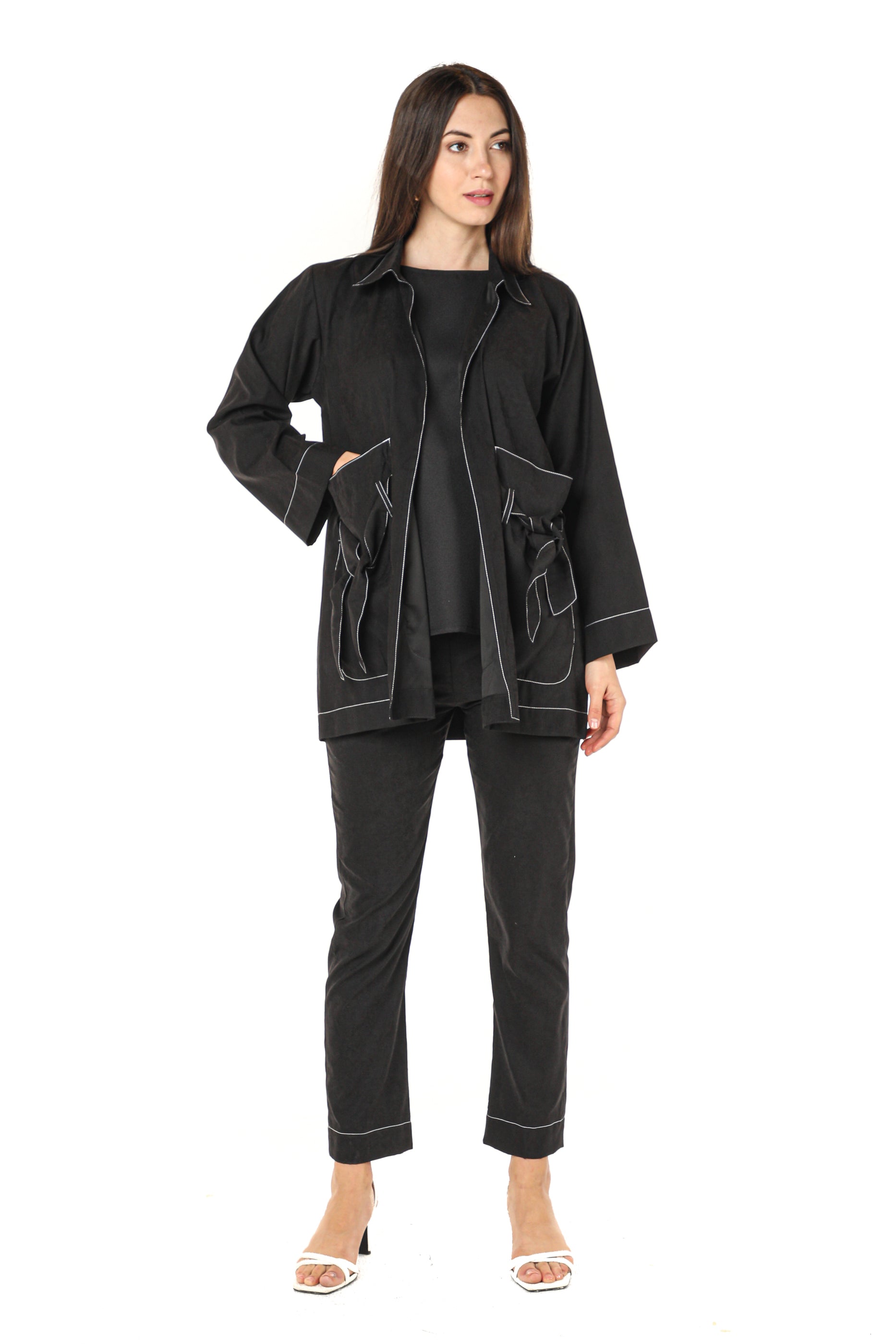 MOiSTREET Black Shamua Jacket and Pants with Crepe Fabric Top