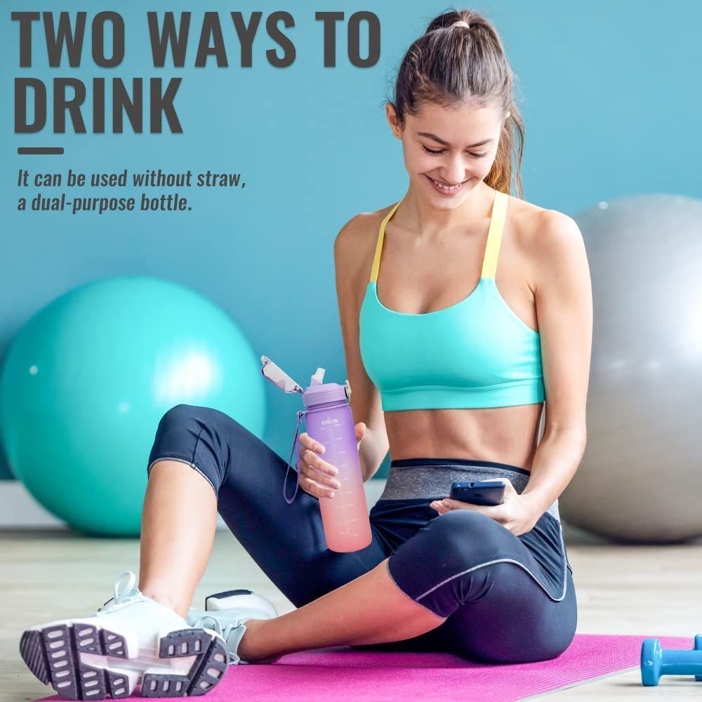 Plastic Water Bottle Leakproof Drink Bottle With Time Marker For Fitness Sports