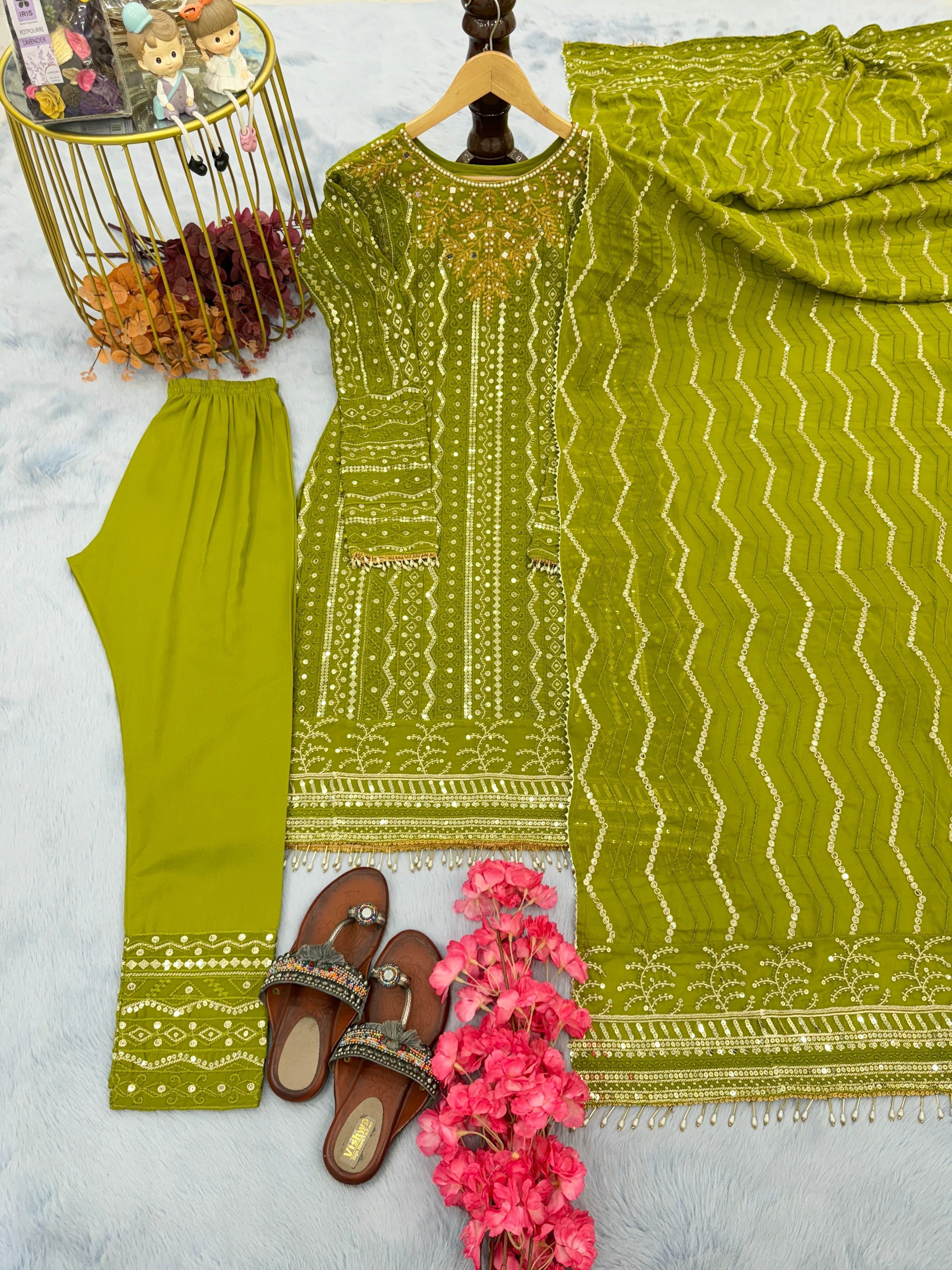 Party Wear Top Bottom & Dupatta With Embroidery Sequence Work
