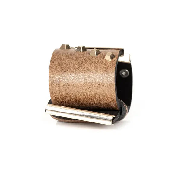 The Dark Bronze Leather Studded Cuff Bracelet with Gold Geometric V Accent Handmade Statement Bracelet