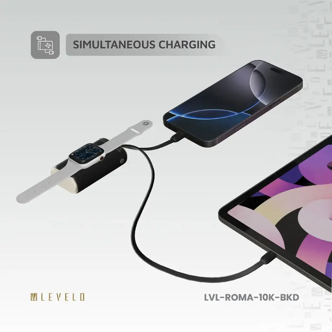 Levelo Roma 10000mAh Power Bank With Integrated Cable & Apple Watch Charger, Fast Charging