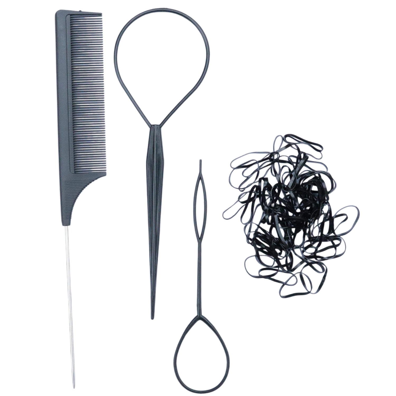 3Pcs Hair Loop Tool Set with Tail Comb & Elastic Bands